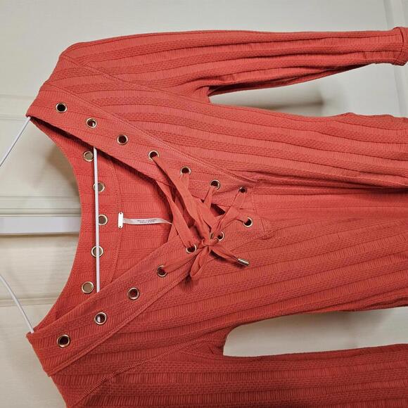 Free People Rust Ribbed Top with Lace-Up Detail - Picture 1 of 6